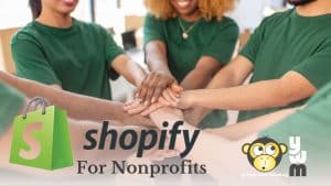 Shopify for Nonprofits. A team of people wearing green shirts with their hands on top of each other.